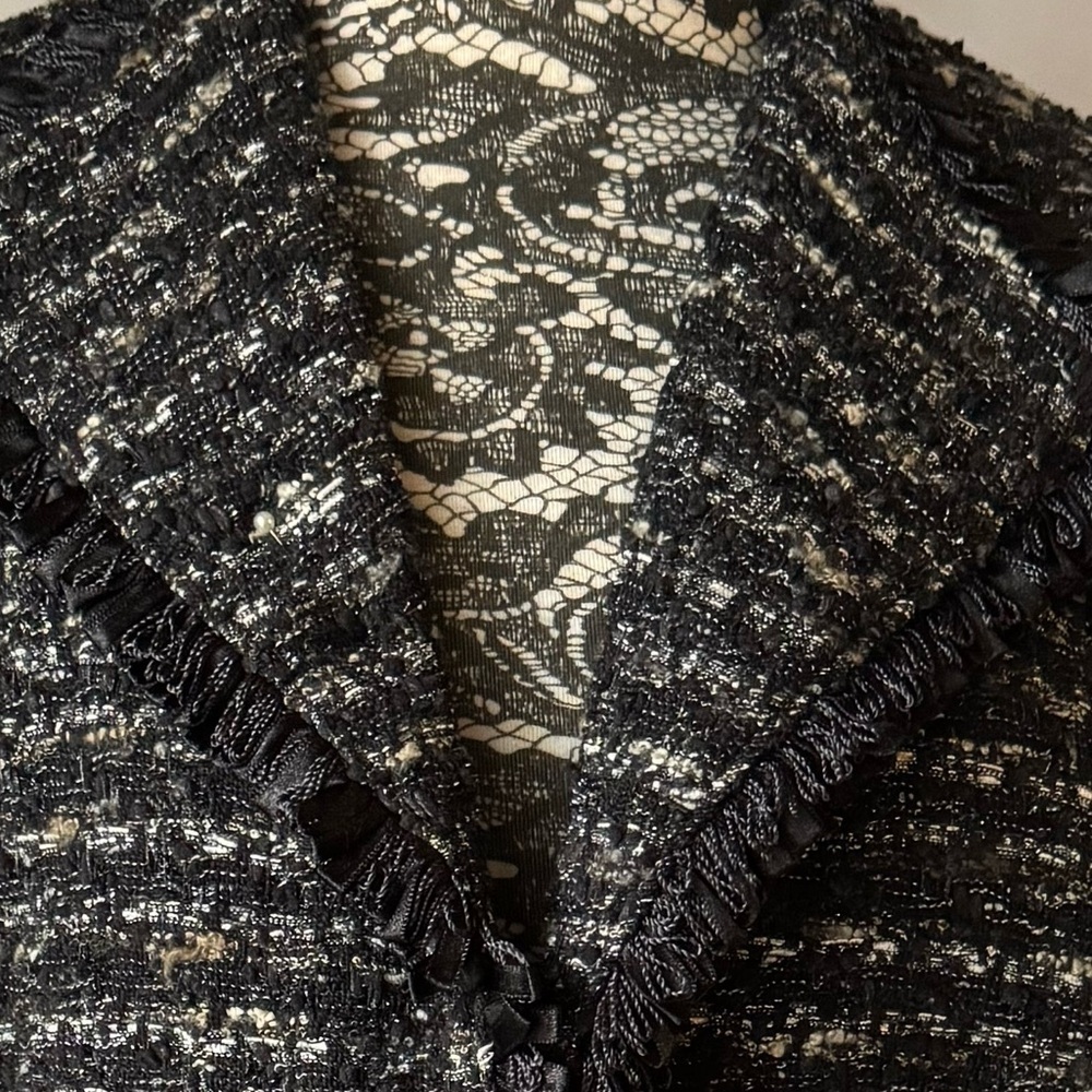 Lafayette 148 Black Tweed Ribbon Trim Open Front Blazer Black Size 14 - Picture 2 of 7
